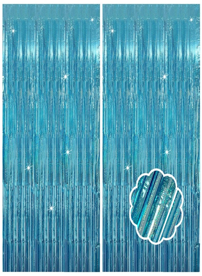 UJL 2 Pack Blue Streamers Blue Party Decorations Tinsel Foil Fringe Curtains Photo Backdrop Celebration Birthday Decorations Ocean Party Decoration - Image 1